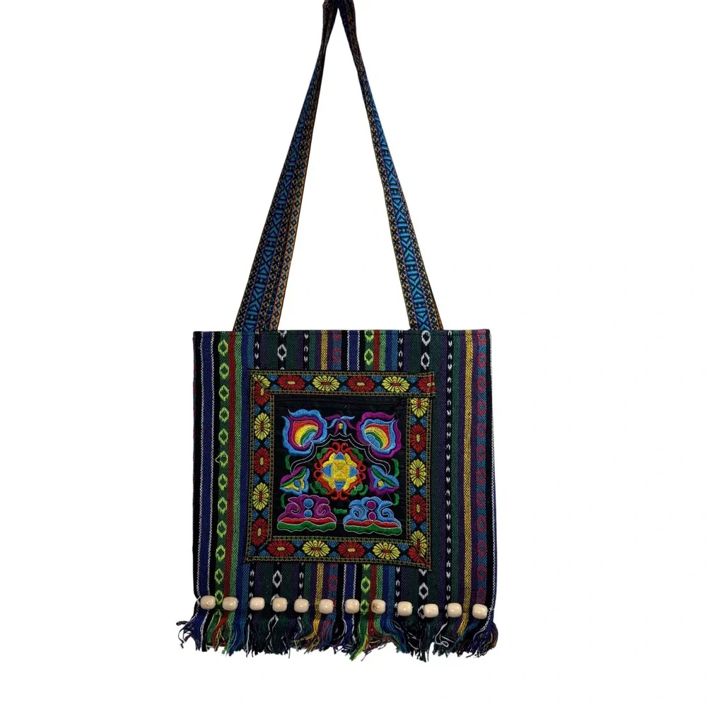 Boho‎ Embroidered Woven Tote Bag Multi-Color Striped Fringe Wooden Beads Artisan